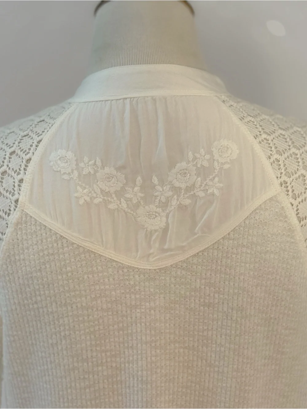 Free People Sweetest Thing Thermal Top Ivory Lace Sleeve Boho Cottagecore